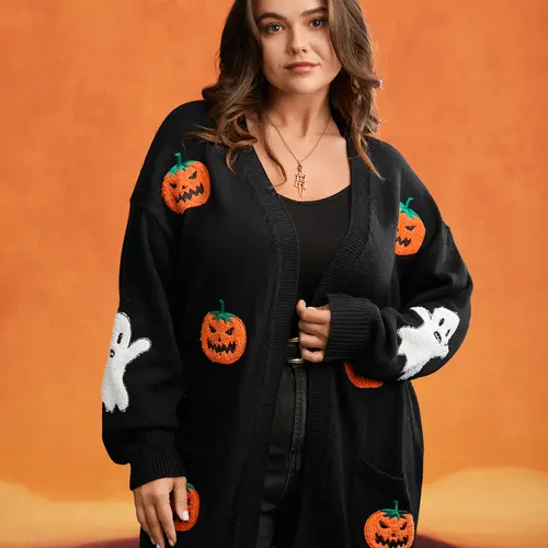 BloomChic Plus Size Halloween Kimono Cardigan, Casual Long Sleeve Open Front Knitwear with Pockets and Pumpkin Ghost Embroidery, Casual Pullover Tops, Knitting, Longsleeves, Plussize, Cardigans