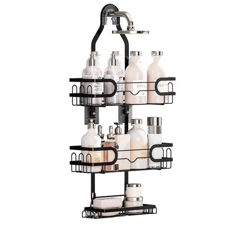 Shower Caddy Hanging, 3 Tier Rustproof Shower Organizer, Shower Rack with Removable Baskets/Soap Basket, Hooks for Razor/Sponge, No Drilling Bathroom Organizer Over Showerhead - Black