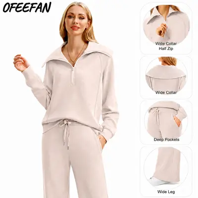 OFEEFAN Lounge Sets For Women 2026 Half Zip Sweatshirt And Wide Leg Sweatpant 2 Piece Outfits Sweatsuit Tracksuit Fashion Enthusiast  Casual Outing