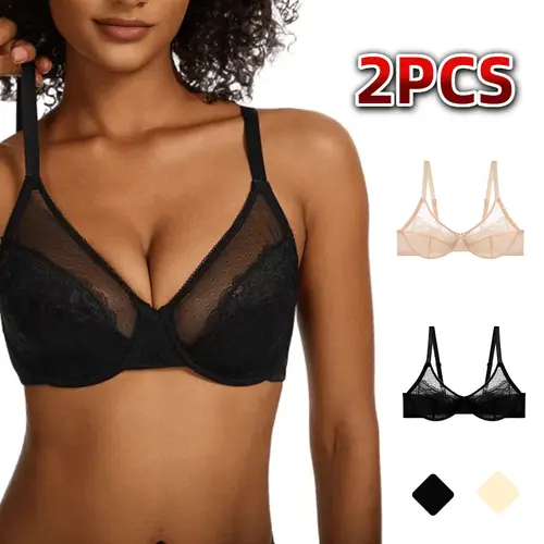 Women's EssElegance Elegant Floral Lace Minimizer Bra - 1/2PCS, Underwire, Unlined Unpadded Full Coverage, Breathable Mesh Cup, Black & Beige, V-Neck, Feminine Aesthetic Holiday Everyday Form-Fitting Lace Bra