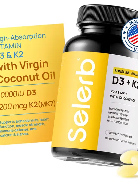 Selerb Vitamin D3 K2 – 10,000 IU D3 + 200 mcg MK-7 with Virgin Coconut Oil – Bone, Heart & Immune Support – 120 Softgels