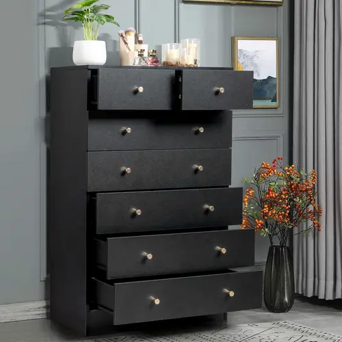 FCH Black Storage Drawer Cabinet Triamine 66*33*104cm Six Layers Seven Drawers Drawer Cabinet Matt Gold Room Living Room tiktokshopbacktoschool