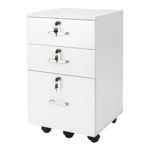 FCH Sturdy White Wood Grain Formaldehyde-Free Density Board 3-Drawer Lockable Rolling File Cabinet with 4 Lock Wheels, Letter Size Storage Home Office Commercial Furniture for Restaurant, Craft Room