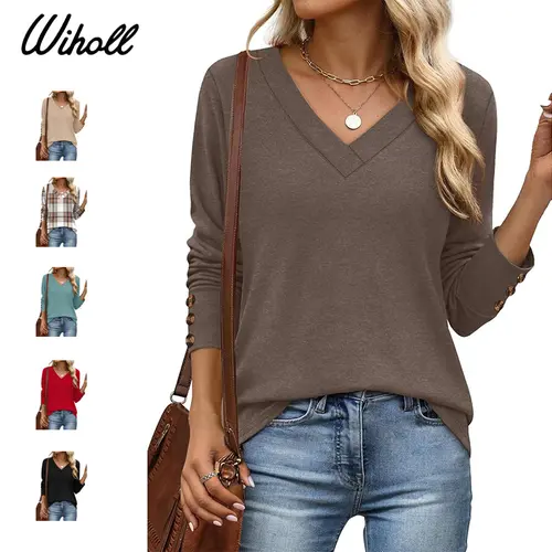 WIHOLL Women's Long Sleeve V-Neck Tunic Blouse - Button Detail, Soft Breathable Spandex, Featherlight Basic, Easy Layering/Tucking Fit, Graceful Coverage, Polished Relaxed Daily Wear, Stylish Tunics, 3way Styling, Dressy Easy Style, Fall Essential, Long S