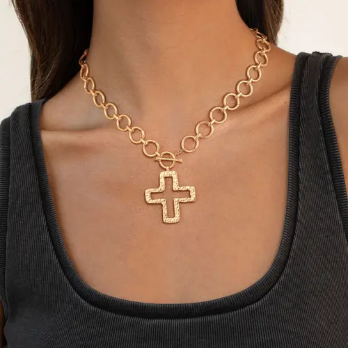 Loyalove Gold Chunky Cross Necklace for Women Statement Cross Pendant Necklace Layered Hammered Bold Cross Necklace Vintage Toggle Clasp Necklace BlackFriday Jewelry Gift