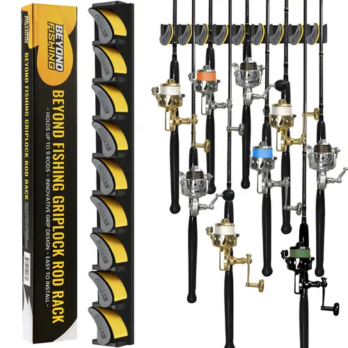 Beyond Braid GripLock Vertical Layout Fishing Rod Rack - Wall-Mount Heavy-Duty Polymer Holder with Universal Diameter, Space-Saving Garage Storage, Holds Up to 9 Rods or Combos, Protects Your Investment for Serious Anglers, Anti-Slipping Grip, Durable