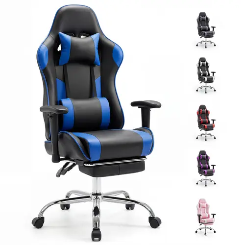 Sweetcrispy S-Ergonomic Reclining Height-Adjustable Video Game Chair - PU Leather Iron Waterproof Rolling Office Chair, Modern Design, Fixed-Up Armrests, 360° Swivel, Footrest, Headrest, Requires Assembly