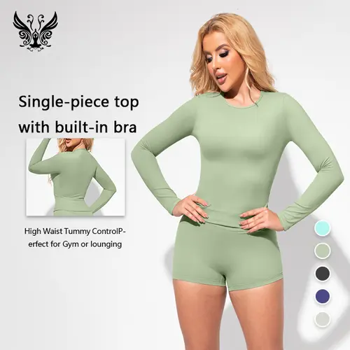 Women's Yizhen Sports 2-Piece Athleisure Matching Set - High Waisted Thigh Slimmer Shorts & Long Sleeve Top, Ultra High Elasticity Butter Soft Sculpting Gym Set for Yoga & Lounge, 2 Piece Sets