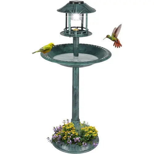 Ubesgoo Outdoor Bird Bath with Solar-Powered Lamp, Resin Pedestal Flower Planter Base & Bird Feeder - Weather-Resistant, Stake-Secure Base, Sand or Rocks for Steady Weight - for Yard Patio