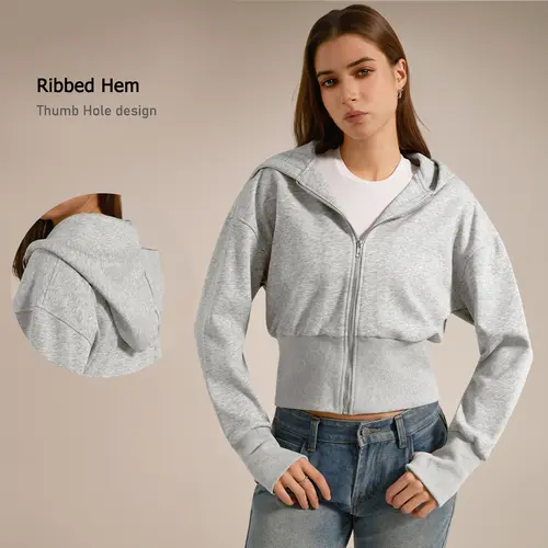 TIMEOFF Women's Cropped Hooded Zip-Up Long Sleeve Gym Jacket - Cozy Sporty Chic Outerwear with Hooded Feature, Jackets Zip Up for Casual Daily Use & Athletic Fitness