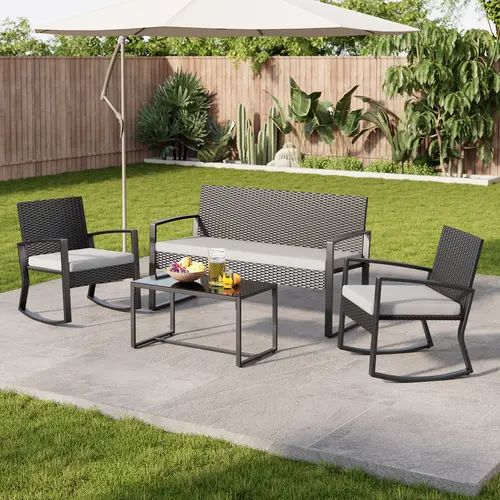 Gizoon 4 Piece Outdoor Patio Furniture Set Wicker Patio Furniture with Glass Coffee Table Rocking Wicker Bistro Set for Backyard Poolside Porch,home decor,camping essentials