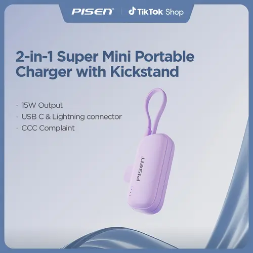 PISEN Tiny 15W Mini 4500mAh CCC certification Power Bank with Integrated USB-C Cable Charges Both Ways Doubles as Lanyard Lightweight Compact Portable Charger