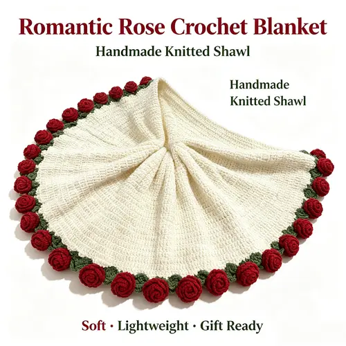 FADDISHDEAL Handmade Crochet 3D Rose Round Blanket - Soft Lightweight Floral Edge Decorative Throw for Sofa,Bed - Christmas Gift Ready Gifts for Girlfriend,Loved Ones, Crochet Inspo, Cozy Aesthetic