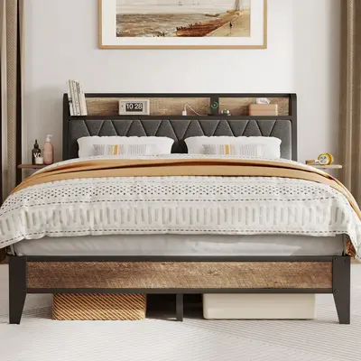 【SummerFinds】ONBRILL Twin/Queen/King Size Bed Frame, Upholstered Platform Bed With Charging Station Ergonomic Headboard And Side Storage Shelf, Noise-Free, BedRoom Furniture, Bed Frames For Queen, Queen Sized Bed Frame