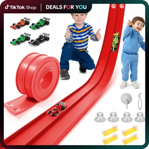 Hotfree Flex Tracks 15Ft for Kids, STEM Flexible Race Car Ramp Track with 4 Small Racecars 12 Suction Cups and 1 Hook, Compatible with Hot Wheels and Diecast 1/64 Cars, Rolls Up Portable Racetrack for Ages 3+, Birthday Christmas Gifts for Kids