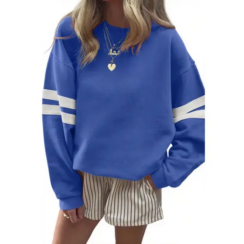 Mntaor Women's Game Day Casual Sweatshirt 2025 Varsity Striped Detail Drop Shoulder Long Sleeve Pullover Tops-Winteroutfit