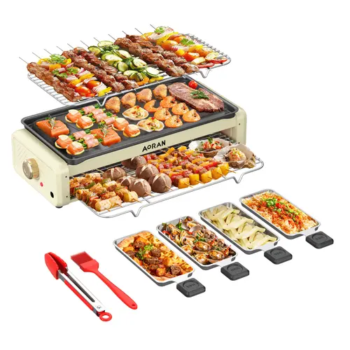 PRTYY Corded Jumbo Portable Electric Grill - Table Top Indoor Grill Cooktops, Smokeless BBQ with Non-Stick Surface, Adjustable Temp Control, Healthy Heat for Meat Lovers