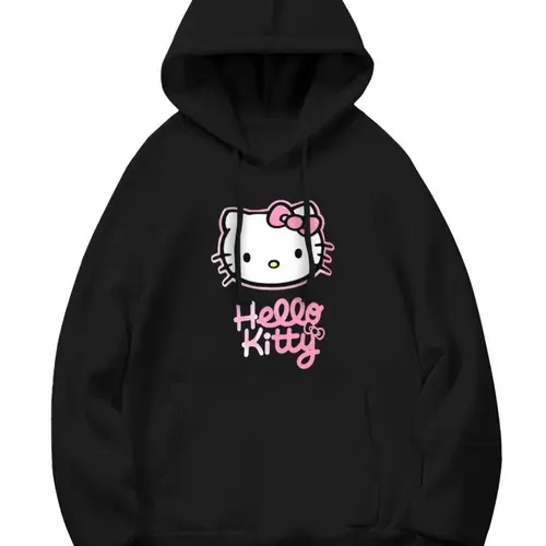 SANRIO Hello Kitty 260g Polyester Cotton Hoodie Black with Pink Graphic Design Comfortable Casual Wear for Autumn