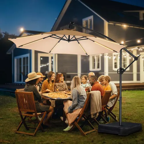 【Summer Vibes】10ft Classic Luxury Sturdy Steel Alloy Cantilever Solar LED Offset Hanging Patio Umbrella - 220gsm Fade Resist Adjustable Tilt Canopy, Solar Parasol, UPF50+ Sun Protection, Easy Tilt & Crank, LED Light & Base, Poolside Sunshade