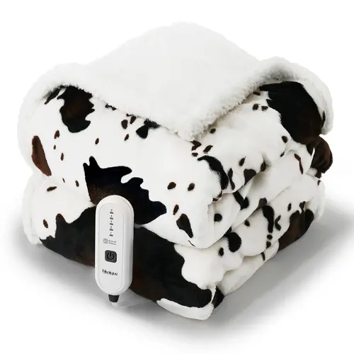 BLUNIQUE Cow Print Electric Heated Throw Blanket, 5 Heat Settings, 4-Hour Auto Shut-Off, Machine Washable Flannel and Sherpa Cozy Blanket for Couch, Bed, Bedroom, Living Room and Office