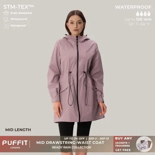 PUFFIT STM-TEX Waterproof Outdoor Hiking Mid Long Length Styles Waist Cinching Lightweight Fast Drying Jacket Raincoat Outdoor Lightweight Sports Jacket Shell Jacket,Windbreaker,Dog Walking,School Running,Football Mum,Womenswear,Fall,Winter,2026 Shopping