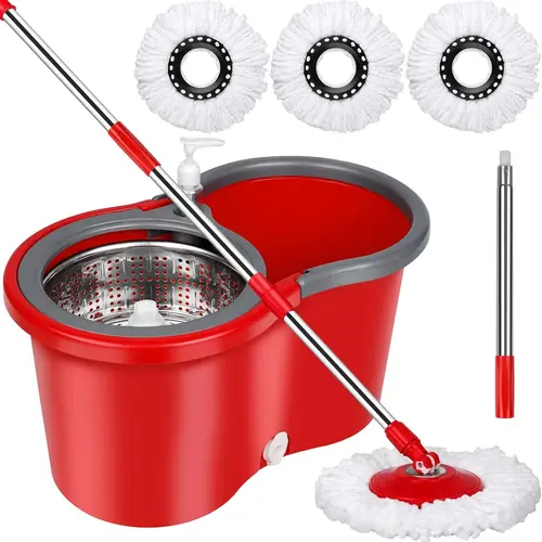 Spinning Mop Bucket Set with Wring System Red Includes 3 Microfiber Mops & Stainless Steel Pole for Efficient Cleaning