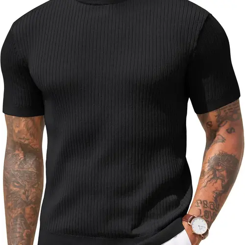 COOFANDY B Men's Mock Turtleneck Sweater Short Sleeve Casual Basic Tops Ribbed Knit Pullover Solid Tee