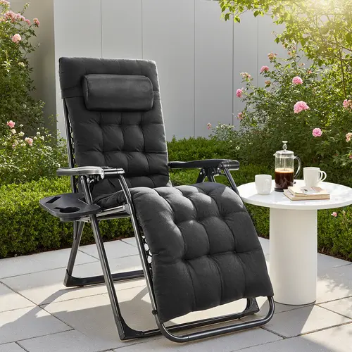 Sweetcrispy Adjustable Zero Gravity Recliner - Outdoor Folding Chair, Adjustable Folding Lounger with Metal Frame, Vent-Cool Cushion, Double Elastic Straps, Removable Seat Cushion & Headrest, Full Body Support for Garden, Camping Outdoor Relaxation
