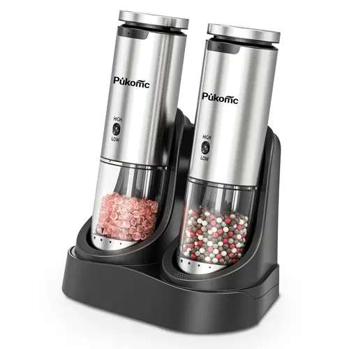 Pukomc Modern Eco-Friendly Electric Salt & Pepper Grinder Set (12-Piece) - 6 Adjustable Coarseness, Rechargeable Base, LED Light, 1-Hand Operation, Detachable for Easy Cleaning, Dining Table & Kitchen Use Utensils with Accessories