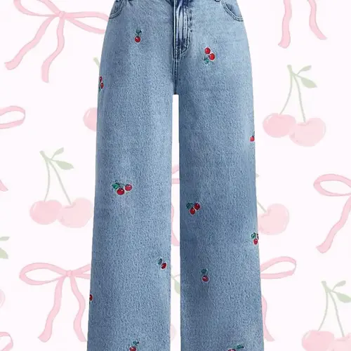 Women's Hand Embroidered Cherry Casual Straight Leg Wide Pants, Embroidery Jeans, Elegant Woven Denim Jeans, All Seasons Fashion, Comfortable Fit Trouser, Cute Fitted, Womenswear