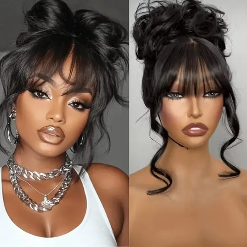 Female 360 Invisi-Strap Lace Frontal Human Hair Wig - Glueless, Layered Cut Body Wave with Bang, Fuller Layer Bounce, Circumference 18"-23.5", High-Quality Elegant Natural Look (Wigs Human Hair), Wavy