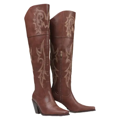 Women's Western Knee-High Boots - Square-Toe Room, Vintage Embroidery, Cork Heel, Zipper Side, Cowboy Aesthetic, Country Girl Aesthetic, Knee-High for Bold Style, Western OOTD Statement Footwear