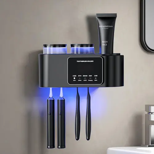 White Wall-Mounted Toothbrush Holder - Bathroom Accessory with 2 Tooth Cups & Smart UV Sterilizer, Toothbrush Protector, Multi-Compartment Design, Wall Saves Floor, Effective Cleaning & Drying for Bathrooms, Uv Toothbrush Holders