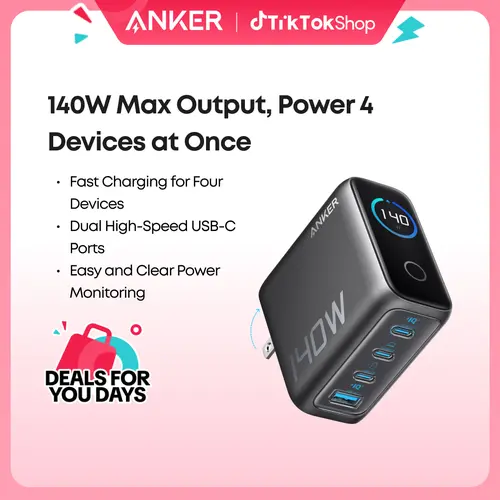 [Limited Offer]Anker Laptop Charger (140W, 4-Port, PD 3.1), Portable Charger with 4-Port Fast Charging, Advanced GaN Power Adapter, Intuitive Touch Controls, For MacBook, iPhone 16 Series, Samsung, Pixel, and More sohochic, Smartphone, Cellphone