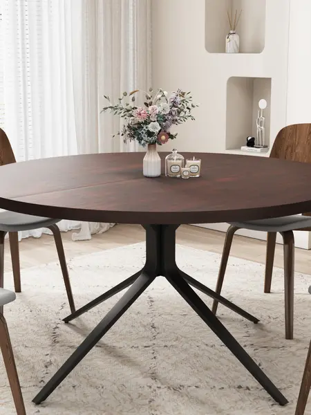 VOWNER 47” Solid Wood Round Dining Table, Farmhouse Wooden Kitchen Table for 4 - 6 Person, Circle Coffee Table with Steel Legs, Mid Century Table for Kitchen, Dining Room, Dark Walnut