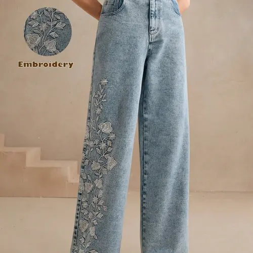Women's Versatile Casual Embroidered Washable Wide-Leg Denim Jeans Trousers, Bottoms, Chic Elegant Comfortable Denim Pants, Womenswear