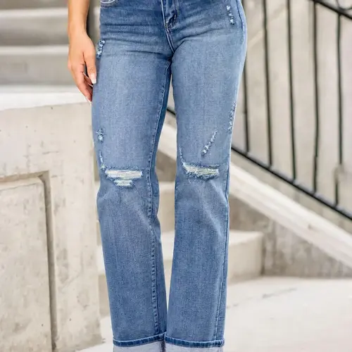 Women's Stretchy Elastic Fitted High Waist Button-Front Ripped Woven Denim Jeans with Rolled-Up Cuffs, Casual, Trendy and Fashionable for All Seasons, Cuffed Jeans