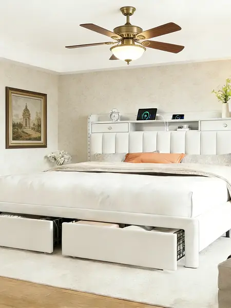 「Deals for You Days」TryLazy Upholstered Flatform Bed Frame with 4 Storage Drawers No MATTRESS Queen Size Wood Slats Holds 900lbs No Noise No Box Spring Needed USB Socket