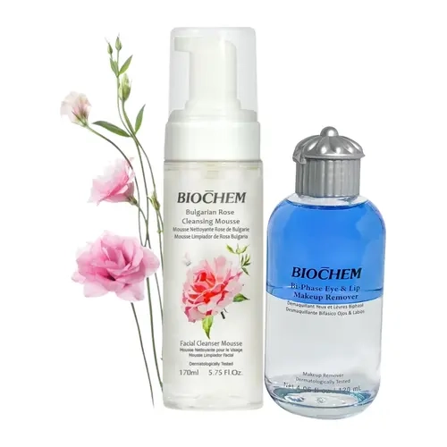 Biochem Deep Cleansing Duo - 300ml Hyaluronic Flawless Bi-Phase Cleansing Hydrating Eye & Lip Makeup Remover, Bulgarian Rose Foaming Face Cleanser - Sensitive Safe Daily Sodium Chloride-Free 2-Step Set for Adults All Skin Types, Wipe Me Down Compatible