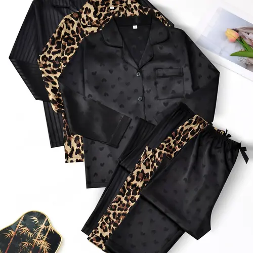 Women's Leopard Print Soft Satin Woven Pajama Set, Heart Jacquard Striped Sleepwear, Casual Chic Fitted Short Sleeve Button Front Top & Elastic Pants, Loungewear Pjs, All Season Loungewear, Casual Loungewear Sets
