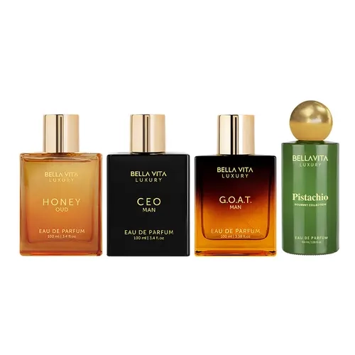 Supreme Swagger Set by BellaVita Luxury | 4x100 ml Perfume Set | Honey Oud, G.O.A.T. Man, CEO Man & Pistachio | Luxury Unisex Perfume for Men & Women | Long Lasting, Floral, Fruity, Woody, Spicy & Sweet Notes | Luxury, Vegan & Cruelty Free Eau De Parfum F