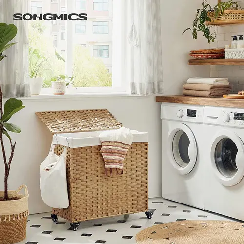 SONGMICS Elegant Rectangular Wheeled Laundry Basket with Lid - 3-Section Handwoven Weave Synthetic Rattan Bin, 66lb Capacity Laundry Organizer, Removable Liner, Pullhandle Move Transport Wheels for Home Storage