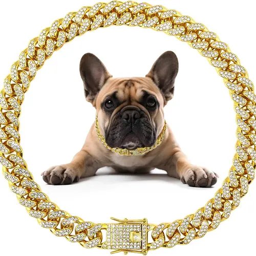 Bling Zirconia Sparkle Diamond Mosaic Cuban Link Dog Collar - Zinc Alloy Lightweight Polished Metal Collar with Secure Buckle, Universal Fit Comfortable Wear Walking Accessory for Small to Large Dogs