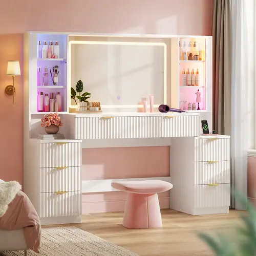 Sikaic Large Makeup Vanity Desk with Mirror, Fluted Wood Vanity with LED Lights (Sound Sync), 8 Drawers & Charging Station, Modern Dressing Table for Women & Girls, White