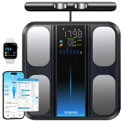 [Livestream Exclusive] RENPHO 8-Electrode Rectangular Digital Weight Scale with MorphoScan Base, Bluetooth, Segmental Body Analysis, Tempered Glass, 400lb Capacity, Batteries Included, Gym Gift for Spring Glow Up, Healthcare Tool, Weighing Scale, Yes, Blu
