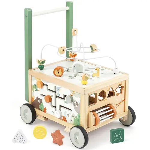 Joyreal Adjustable Wooden Baby Push Walker for Toddlers - 9in1 Baby Push Walker with Activity Cube, Push Activity Walker for Boys and Girls, Sit-to-Stand Learning Walker Activity Center