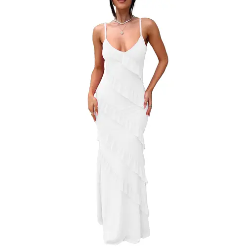 HOCILLE Ruffle Sleeveless Spaghetti Strap Mesh Maxi Dress, Elegant Summer Wedding Guest Gown, Sexy Backless Bodycon Dress, Trendy Beach Vacation Outfits for Women, Evening Party Dress,Formal Womenswear Cocktail dresses for women