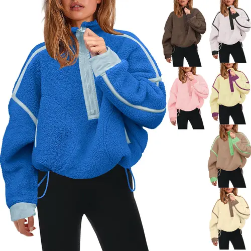 Yeokou Women's Fluffy Sherpa Teddy Fleece Half-Zip Pullover, Polyester Long-Sleeve Hoodie with Pocket, Loose Baggy Casual Layering Tops for Party Style