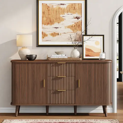 Aowos Modern Sideboard, 30/55" Buffet Cabinet with 2 Sliding Tambour Doors, Adjustable Shelves for Kitchen Storage Cabinet, Fluted Accent Entryway Cabinet with 3 Drawers for Living Room,  Modern Accent Coffee Bar Console Table for Kitchen