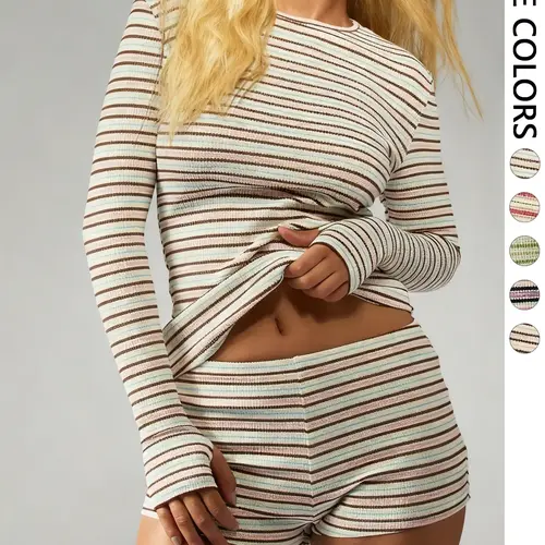 Women's Striped Knit Casual Long Sleeve Top & High Waist Elastic Sporty Shorts Set, Spring Fashion, Comfortable Fit, Sporty Style Clothes, Athletic Fashion Activewear, Athleisure Outfit, Sports Outfit